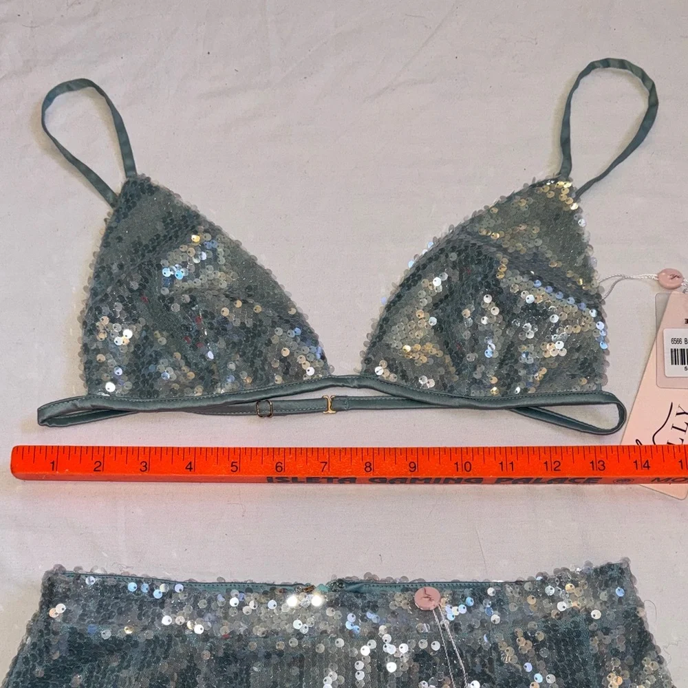 Oh Polly teal blue Sequin Bralette and Skirt Set - Picture 9 of 10
